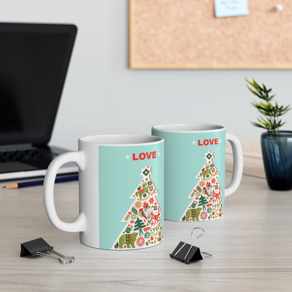 A festive Christmas Tree with Love ceramic mug, 11oz, featuring a charming Christmas tree design, perfect for holiday beverages.