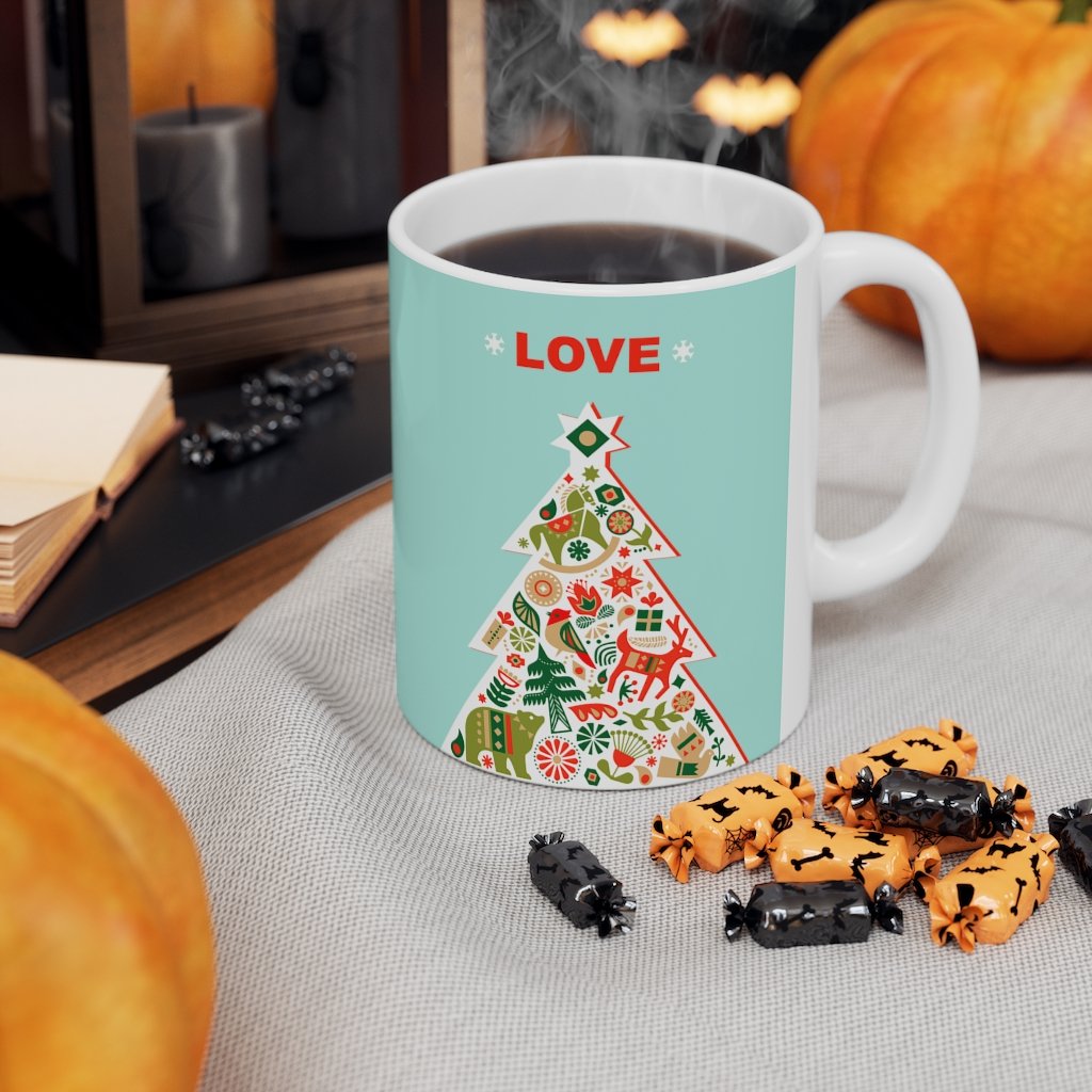 A festive Christmas Tree with Love ceramic mug, 11oz, featuring a charming Christmas tree design, perfect for holiday beverages.