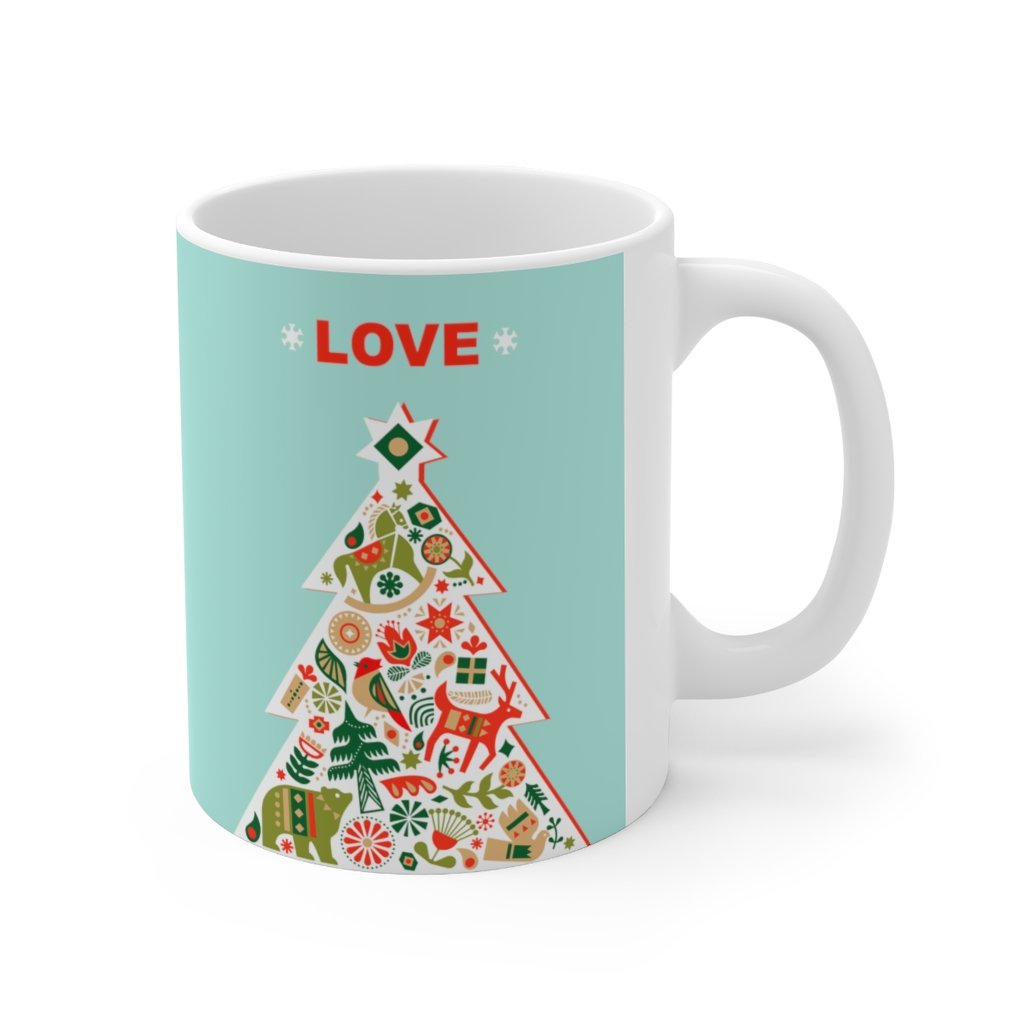 A festive Christmas Tree with Love ceramic mug, 11oz, featuring a charming Christmas tree design, perfect for holiday beverages.