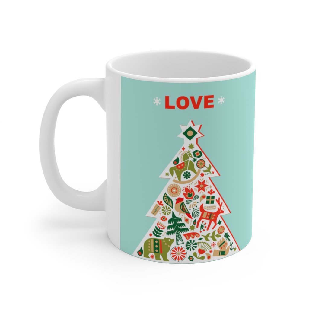 A festive Christmas Tree with Love ceramic mug, 11oz, featuring a charming Christmas tree design, perfect for holiday beverages.