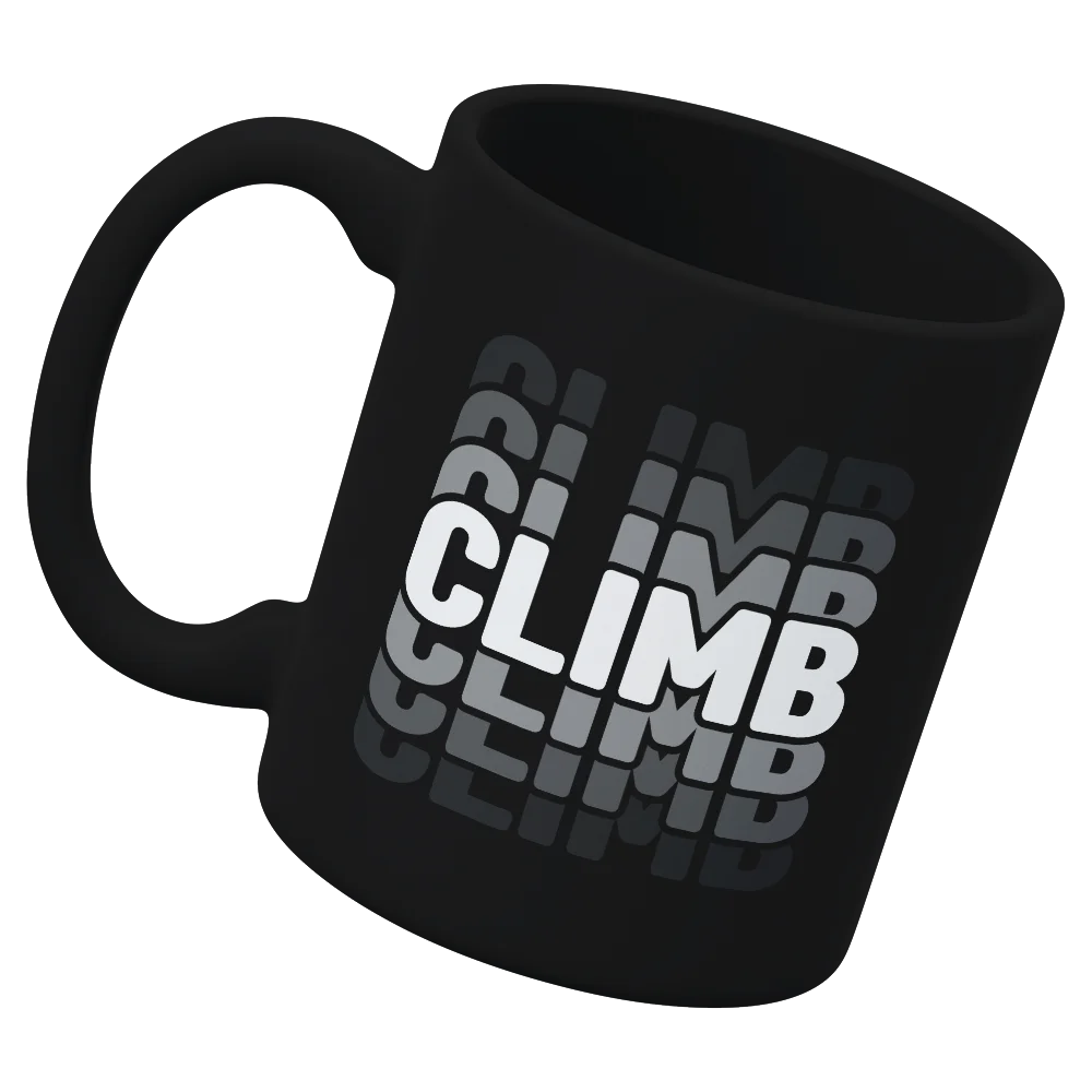 Climmmmmb 11oz Mug featuring vibrant UV printed designs, sturdy ceramic construction, and a glazed finish for easy cleaning.