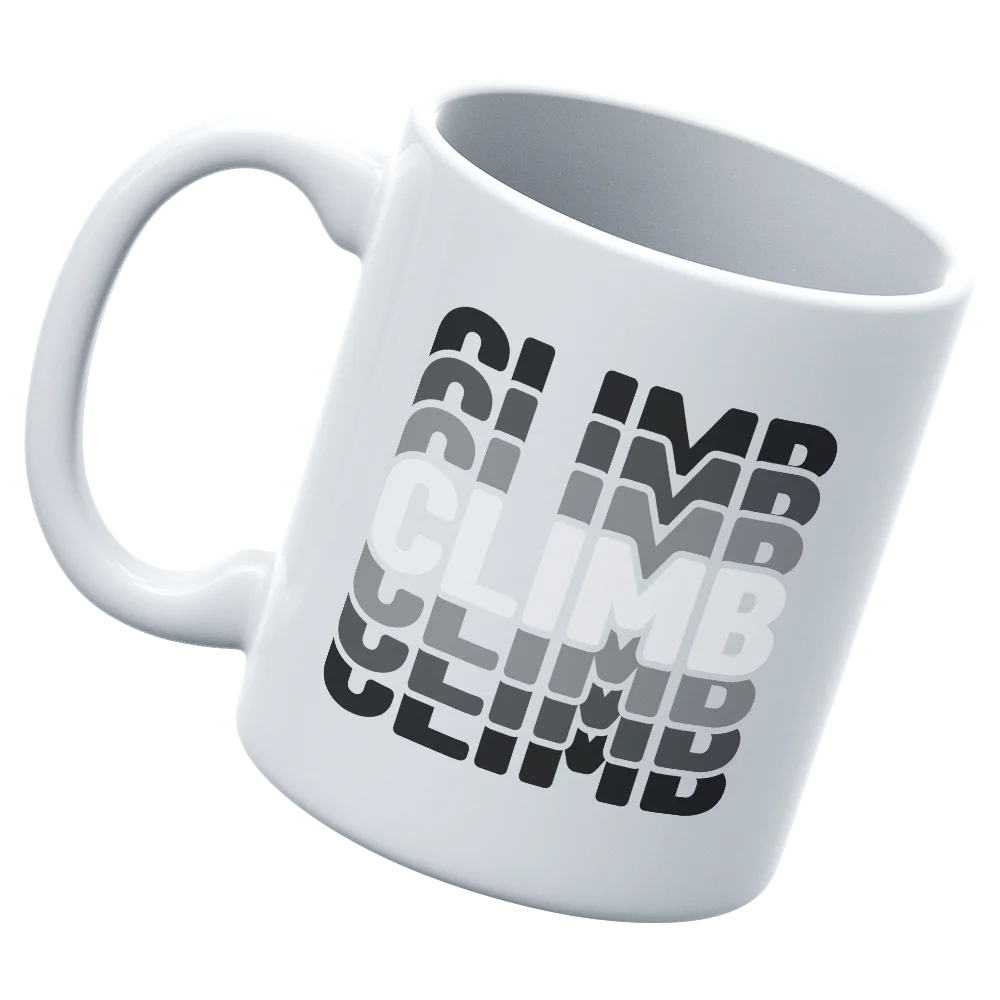 Climmmmmb 11oz Mug featuring vibrant UV printed designs, sturdy ceramic construction, and a glazed finish for easy cleaning.