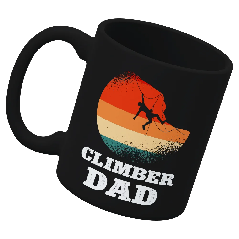 Climber Dad 11oz Mug featuring a durable ceramic design with UV printed graphics, perfect for outdoor enthusiasts.