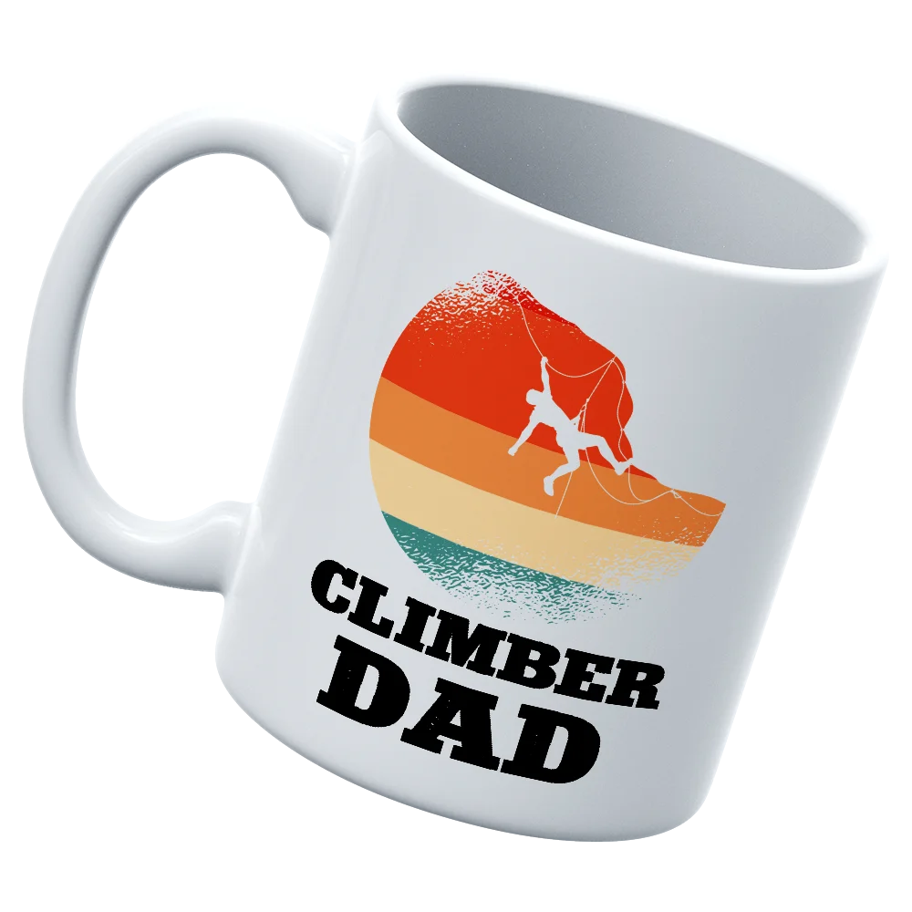 Climber Dad 11oz Mug featuring a durable ceramic design with UV printed graphics, perfect for outdoor enthusiasts.