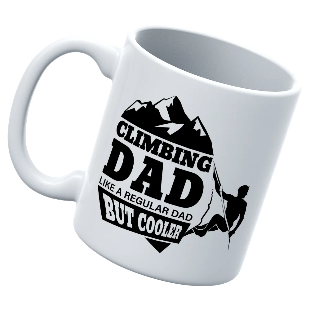 Climbing Dad 11oz Mug featuring UV printed design, sturdy ceramic construction, and dishwasher-safe feature.