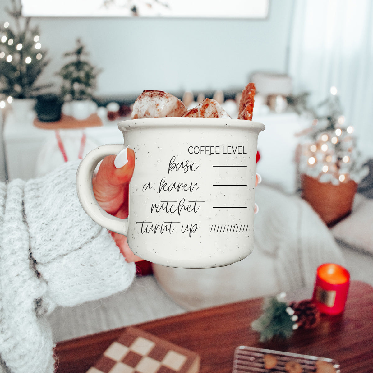 A stylish Don't be a Karen Coffee Mug with a white sesame glaze, featuring black lettering and speckles, designed for daily use.