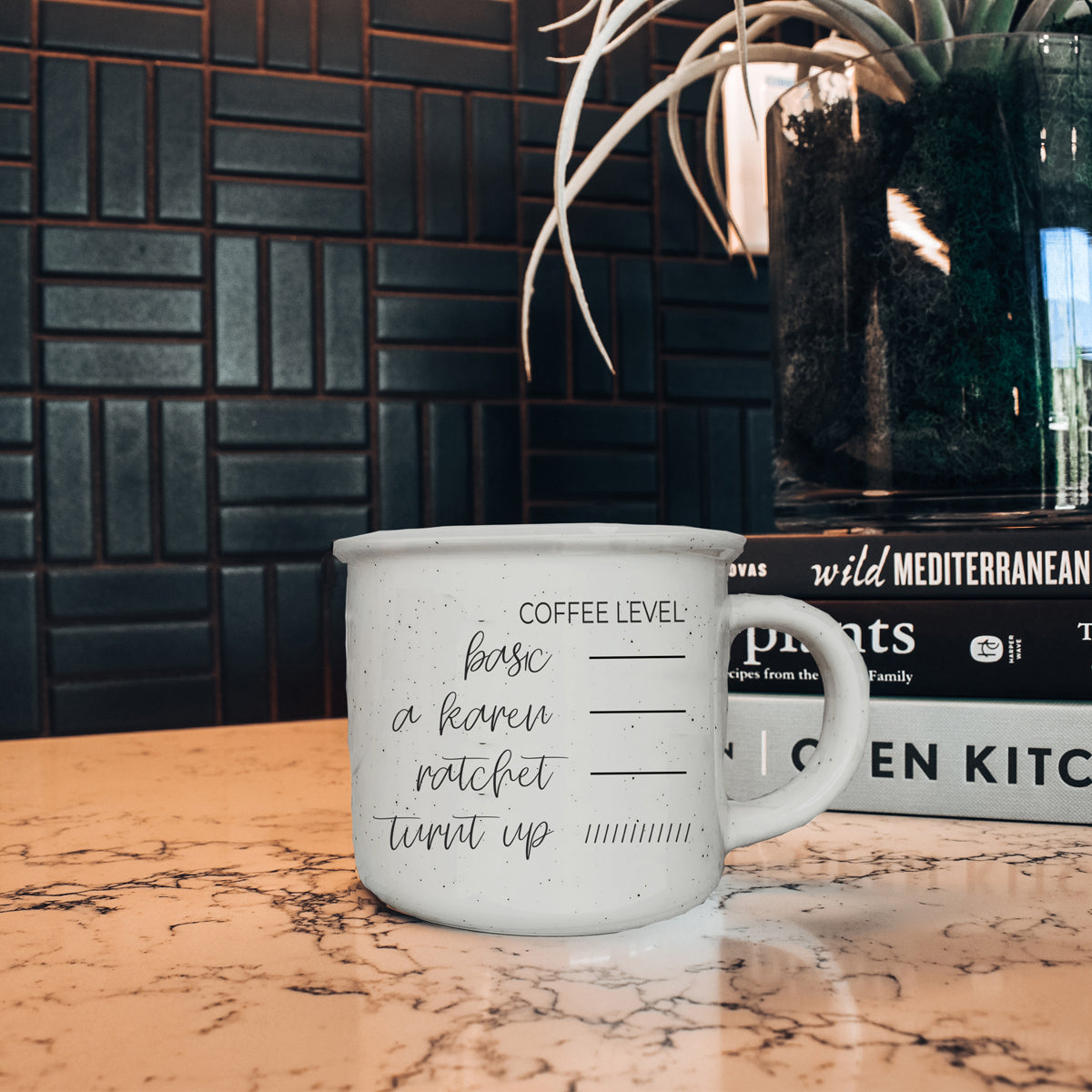 A stylish Don't be a Karen Coffee Mug with a white sesame glaze, featuring black lettering and speckles, designed for daily use.