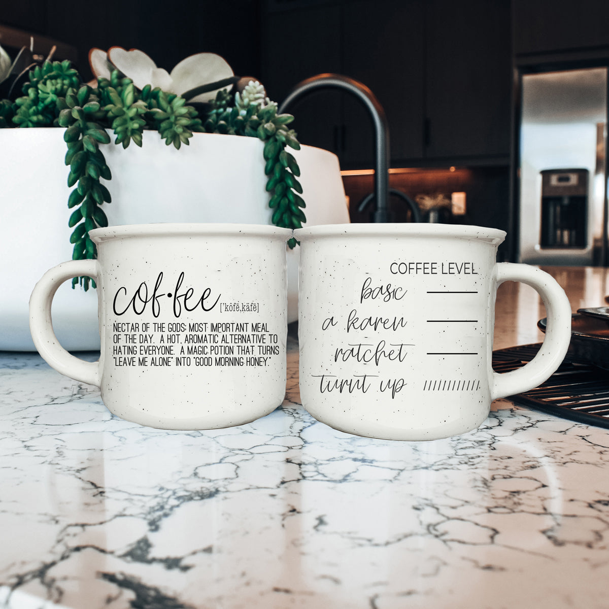 A stylish Don't be a Karen Coffee Mug with a white sesame glaze, featuring black lettering and speckles, designed for daily use.