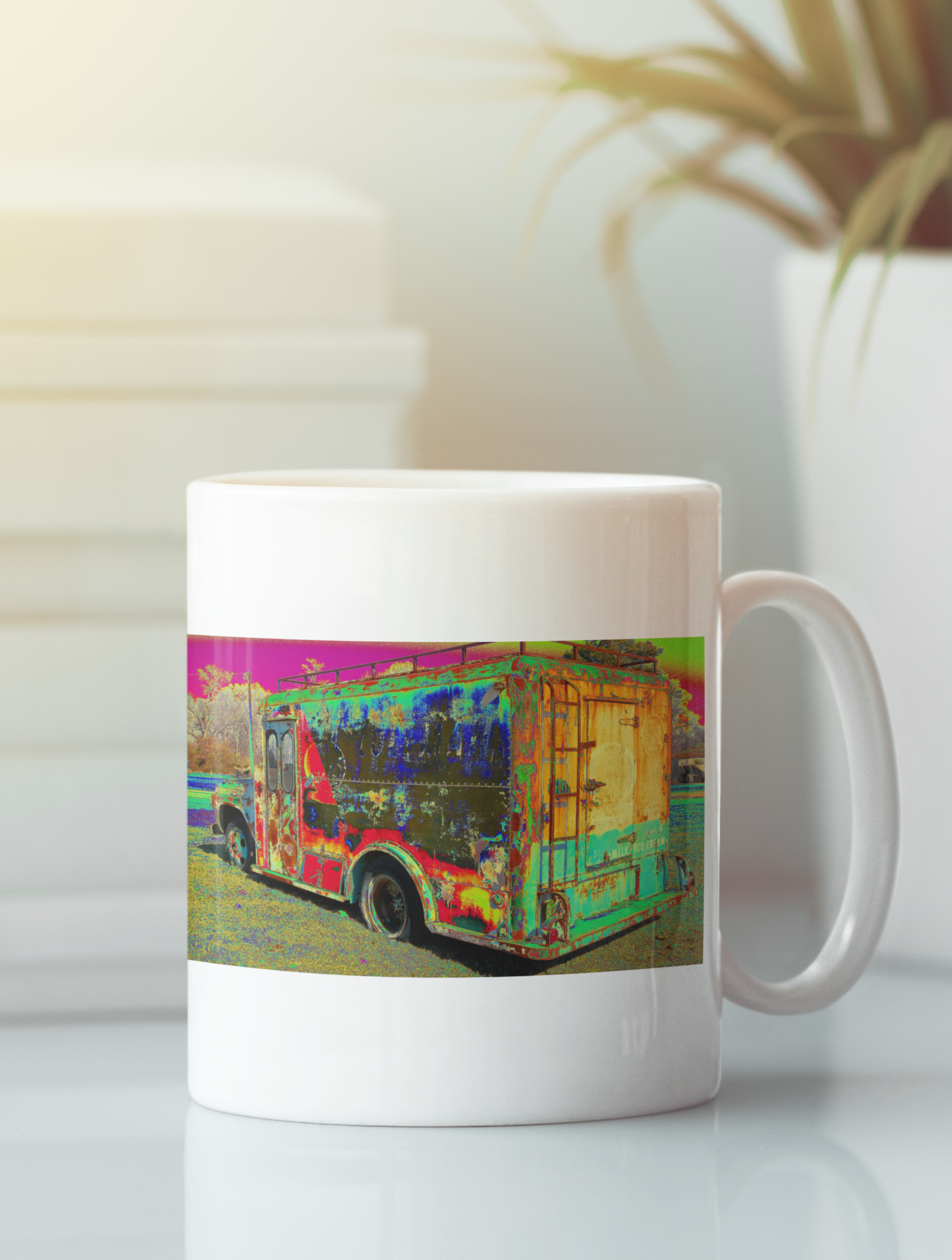 Coleman's Milk Truck #15 Modern Pop Art Coffee Mug featuring vibrant design on both sides, ergonomic handle, available in white and black.