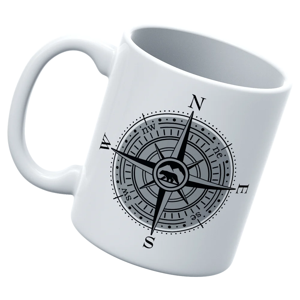 Compass Camping 11oz Mug with UV printed design, showcasing its durable ceramic build and glazed finish.