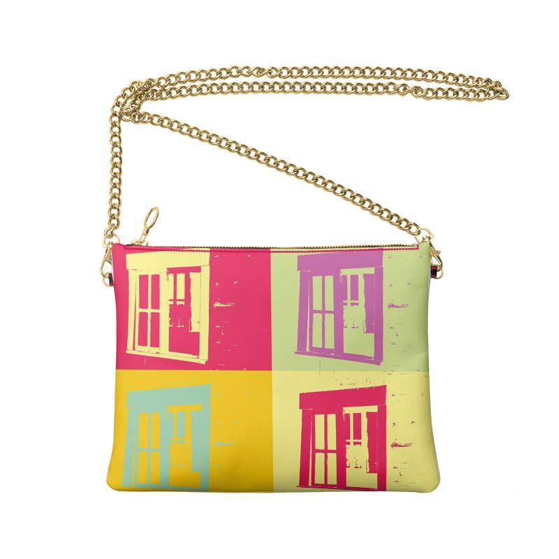 Colorful Cross Body Bag With Chain featuring abstract Pop Art design, detachable chain strap, and round metal zip pull.