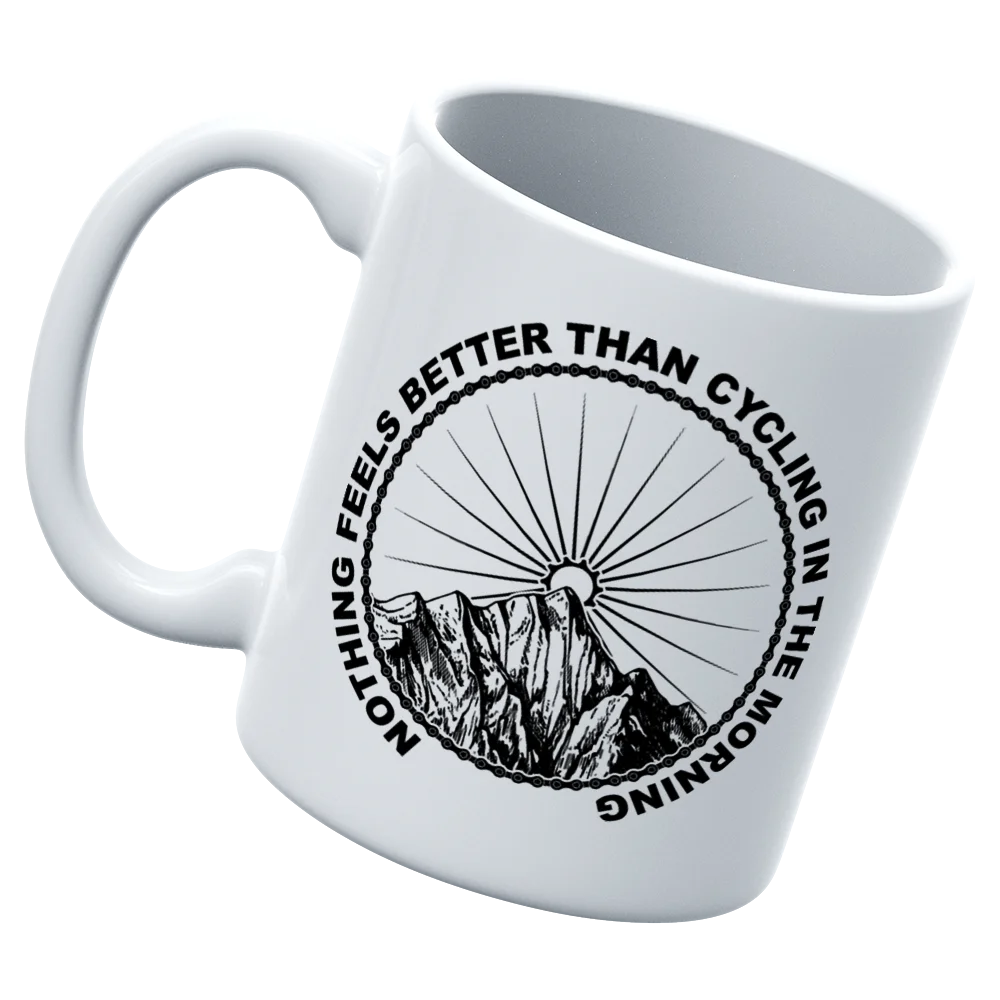 Cycling In The Morning 11oz Mug with vibrant UV printed design, showcasing a sturdy ceramic build and glazed finish.