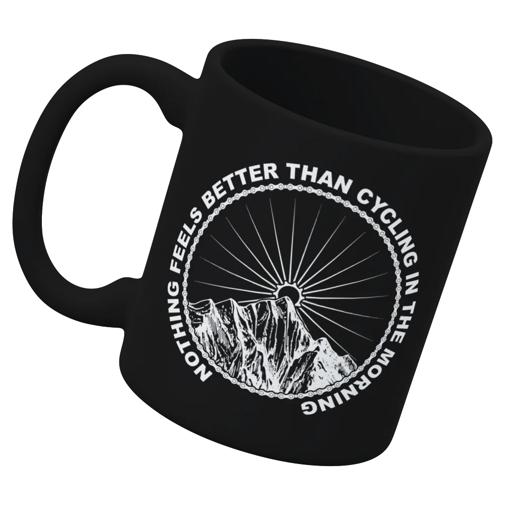 Cycling In The Morning 11oz Mug with vibrant UV printed design, showcasing a sturdy ceramic build and glazed finish.