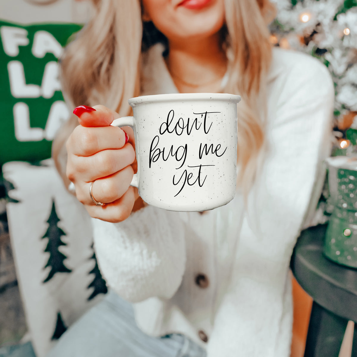 Don't Bug Me Yet 14.5oz ceramic coffee mug with double-sided design, featuring light ivory color and black lettering.