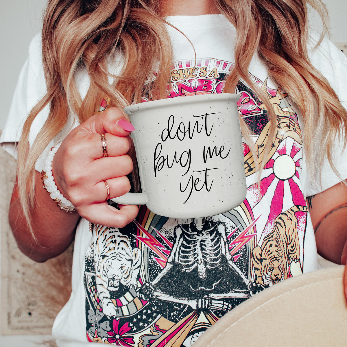 Don't Bug Me Yet 14.5oz ceramic coffee mug with double-sided design, featuring light ivory color and black lettering.