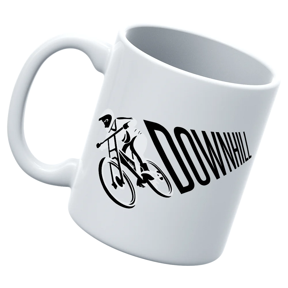 Downhill Cycling 11oz Mug with vibrant UV printed design, showcasing a cyclist in action, perfect for coffee or tea lovers.