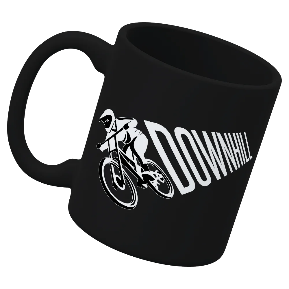 Downhill Cycling 11oz Mug with vibrant UV printed design, showcasing a cyclist in action, perfect for coffee or tea lovers.