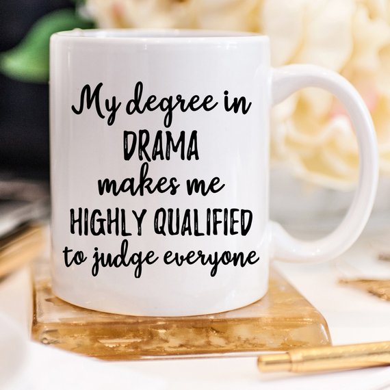 A white ceramic Drama Mug featuring a vibrant design printed on both sides, perfect for actors and drama enthusiasts.