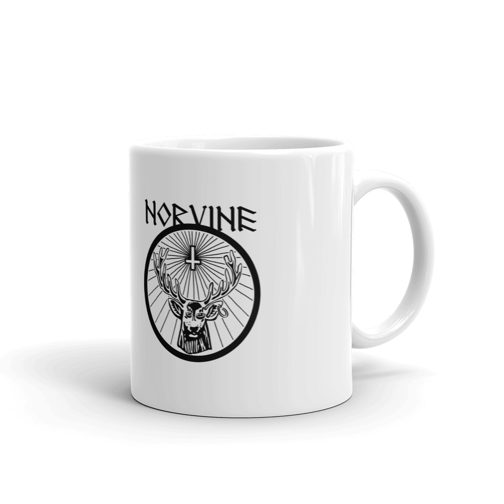 A glossy white ceramic mug featuring a playful drunken deer design, perfect for coffee or tea.