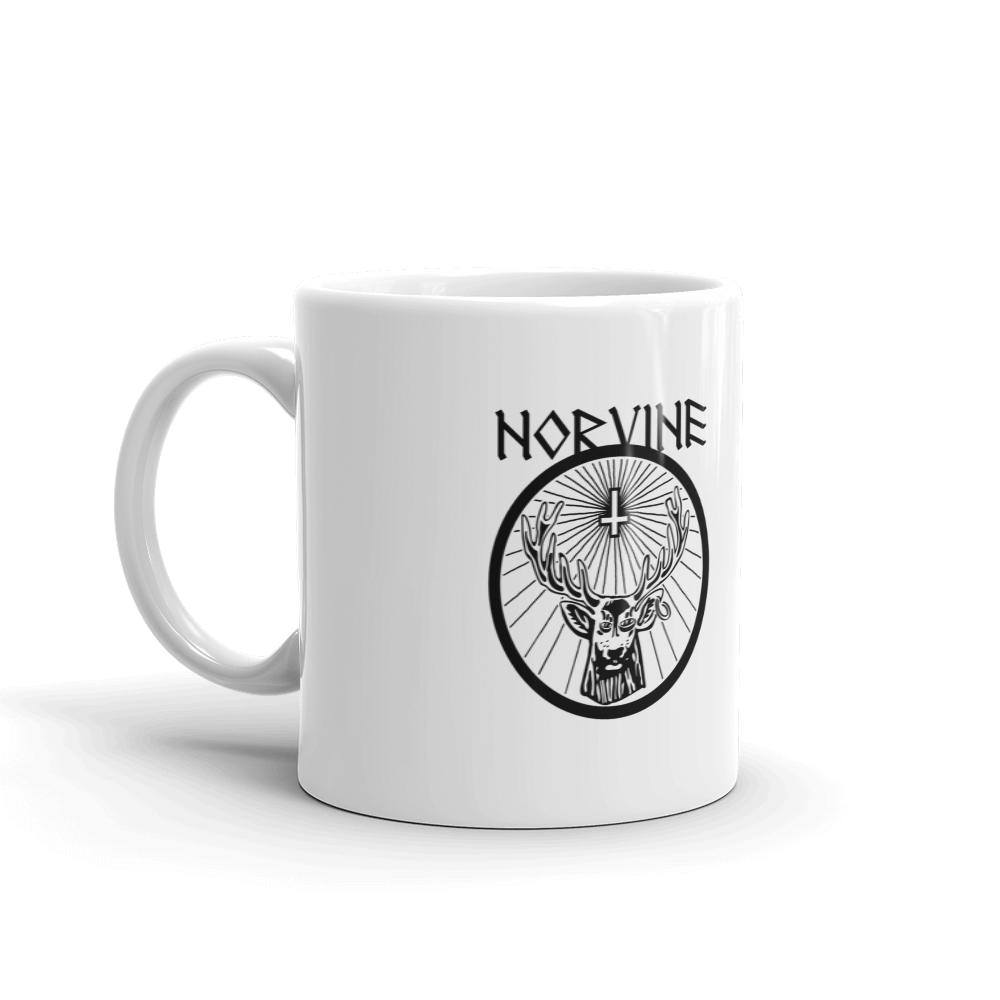 A glossy white ceramic mug featuring a playful drunken deer design, perfect for coffee or tea.