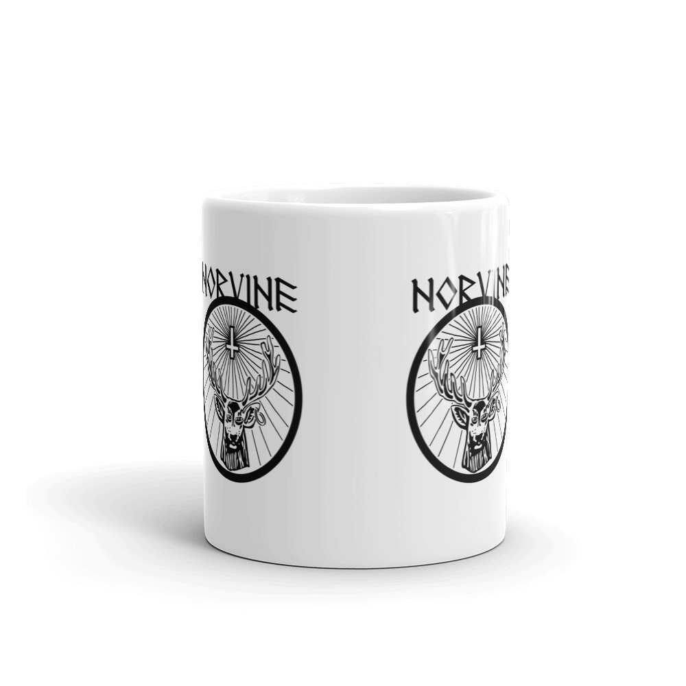 A glossy white ceramic mug featuring a playful drunken deer design, perfect for coffee or tea.