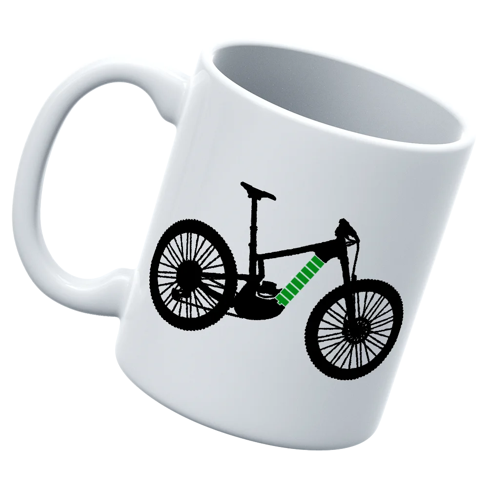 E Bike 11oz Mug featuring UV printed designs, sturdy ceramic construction, and a glazed finish for easy cleaning.