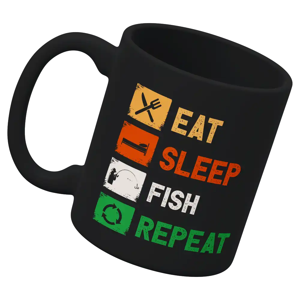 Eat Sleep Fishing Repeat 11oz Mug with UV printed design, showcasing a fishing theme and sturdy ceramic construction.