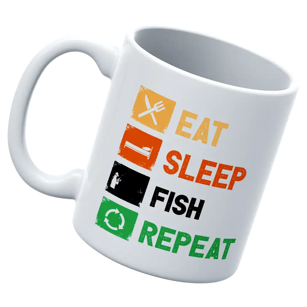 Eat Sleep Fishing Repeat 11oz Mug with UV printed design, showcasing a fishing theme and sturdy ceramic construction.