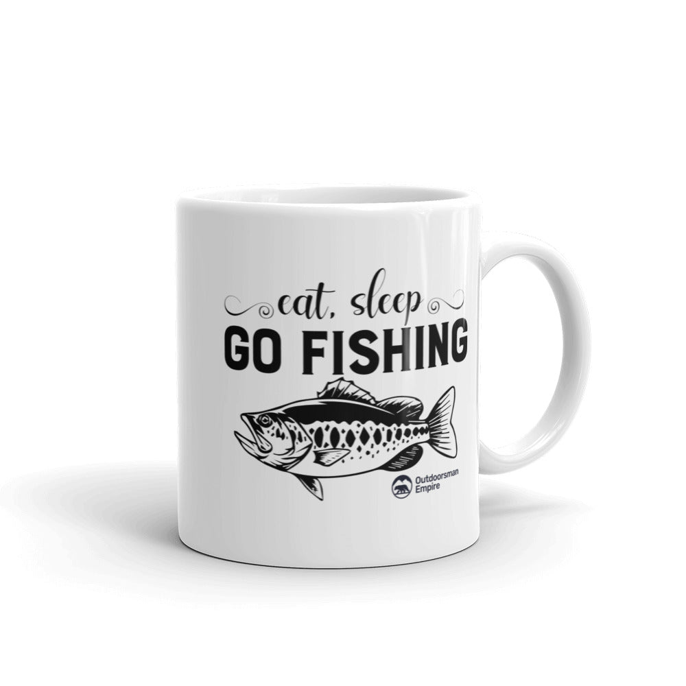 Eat Sleep Go Fishing 11oz Mug with UV printed design, showcasing a fishing theme and durable ceramic material.