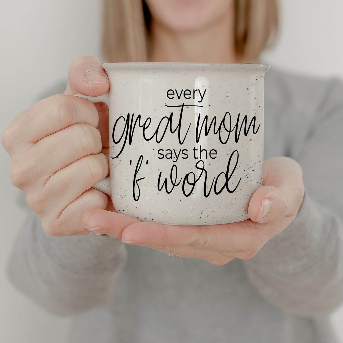 Every Great Mom 14.5oz ceramic campfire style mug with white sesame glaze and black lettering, designed in the USA.