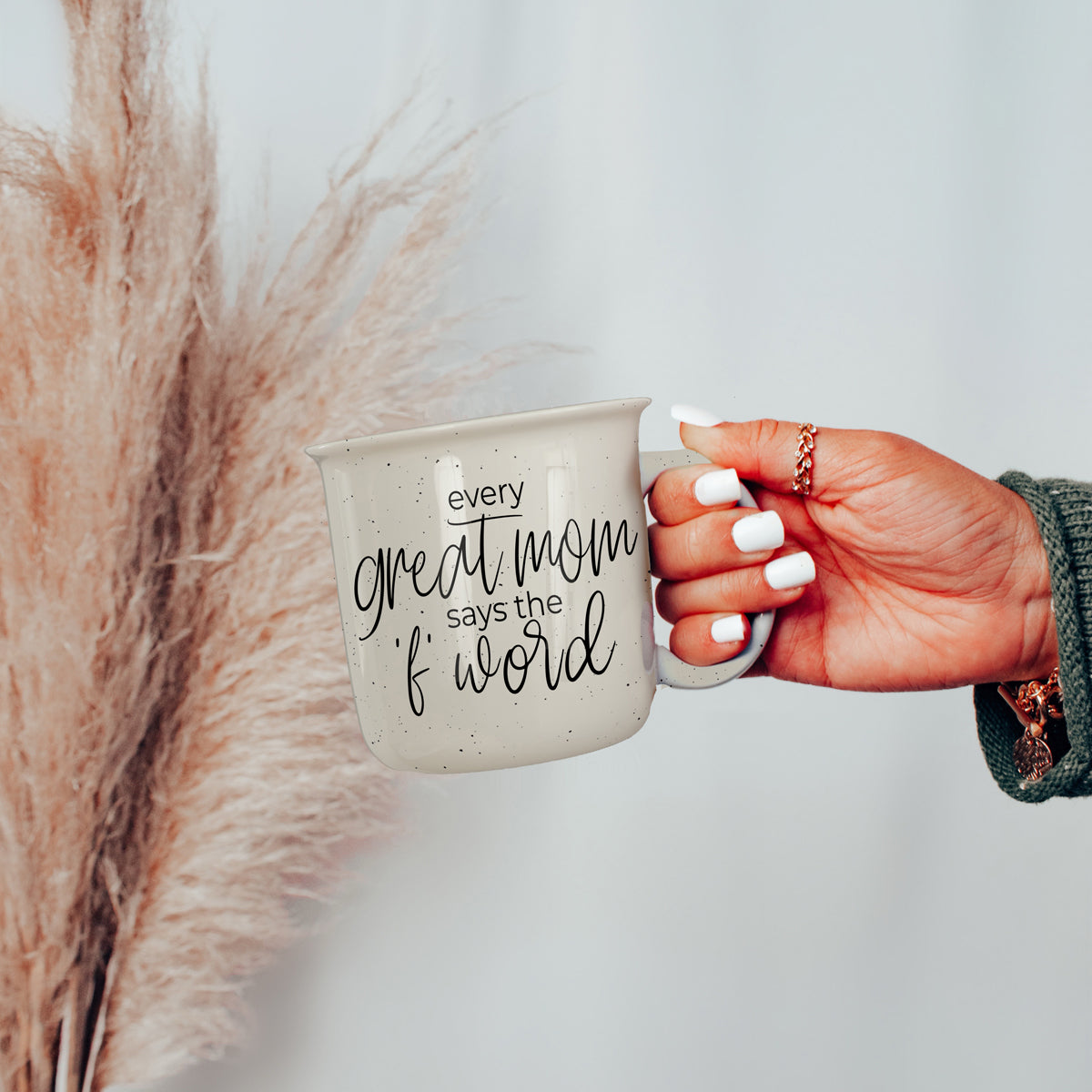 Every Great Mom 14.5oz ceramic campfire style mug with white sesame glaze and black lettering, designed in the USA.