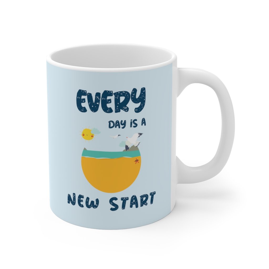 Everyday Is A New Start Mug, white ceramic with rounded corners and C-handle, perfect for coffee, tea, and hot chocolate.