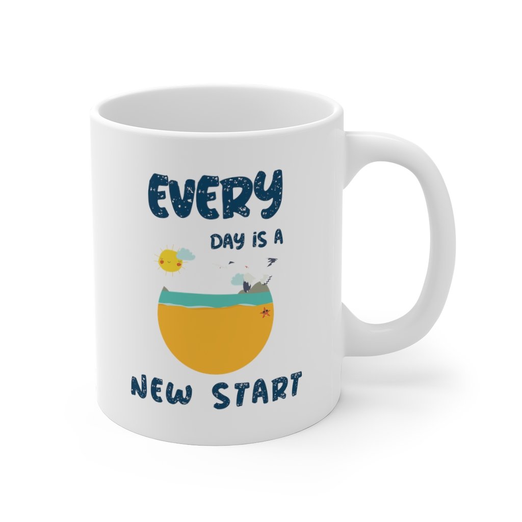 Everyday Is A New Start Mug, white ceramic with rounded corners and C-handle, perfect for coffee, tea, and hot chocolate.