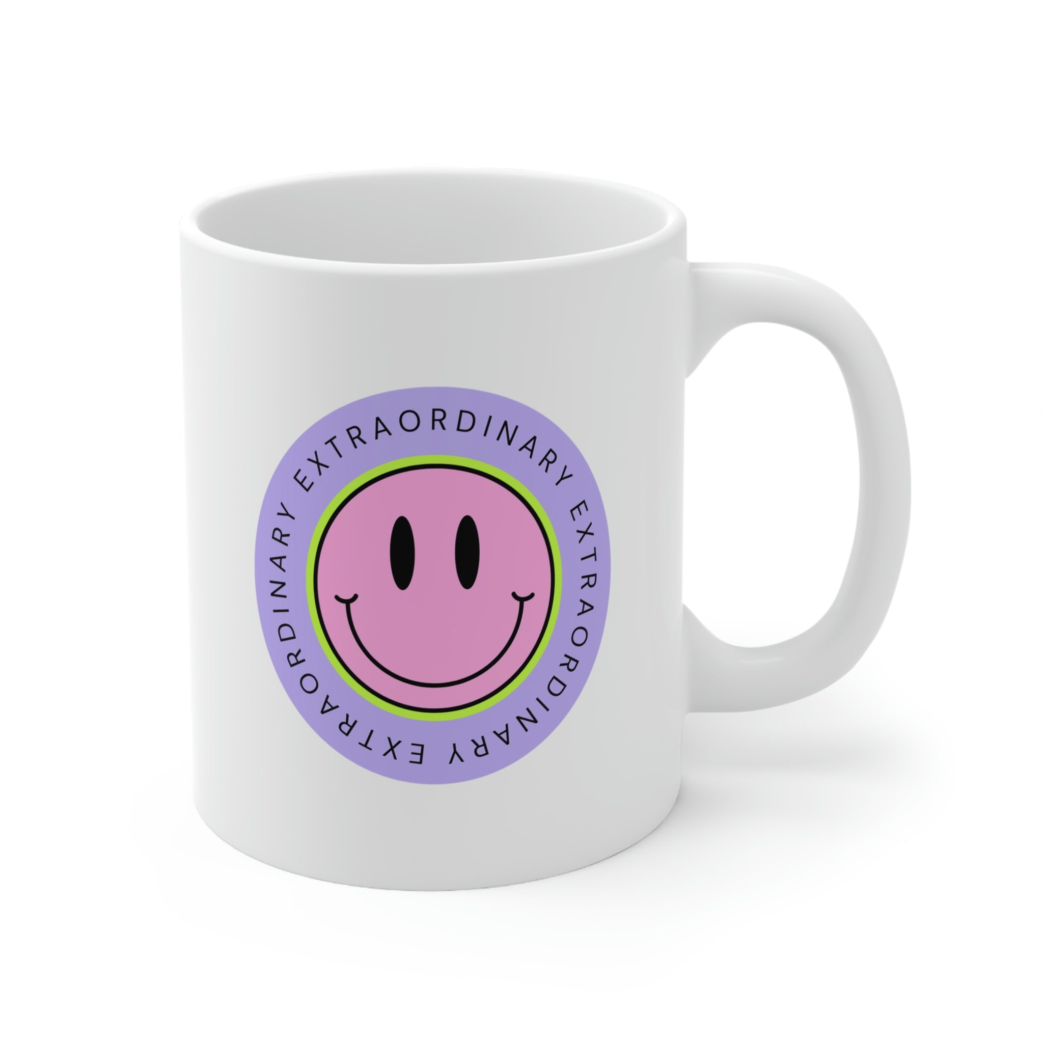 Extraordinary Happy Face Coffee Tea Mug in white ceramic with a cheerful design, perfect for coffee, tea, or hot chocolate.