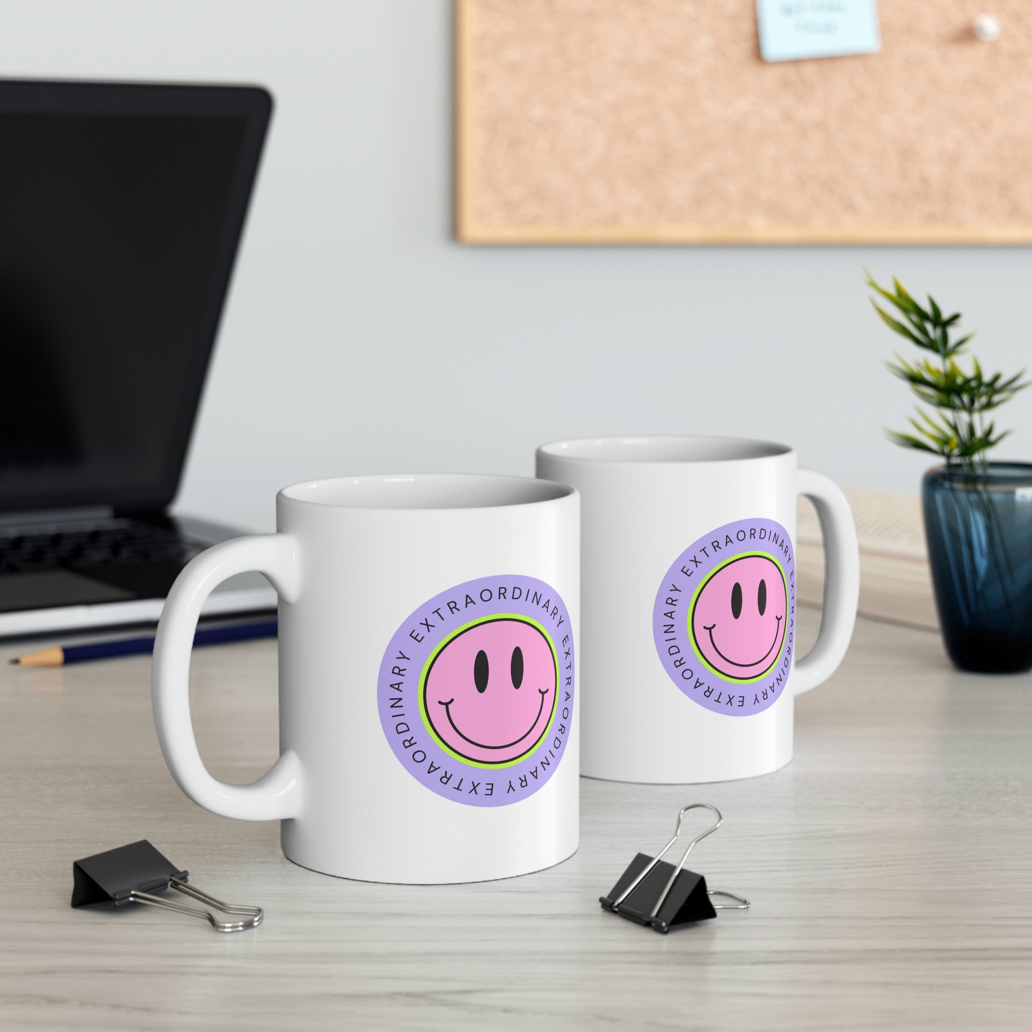 Extraordinary Happy Face Coffee Tea Mug in white ceramic with a cheerful design, perfect for coffee, tea, or hot chocolate.