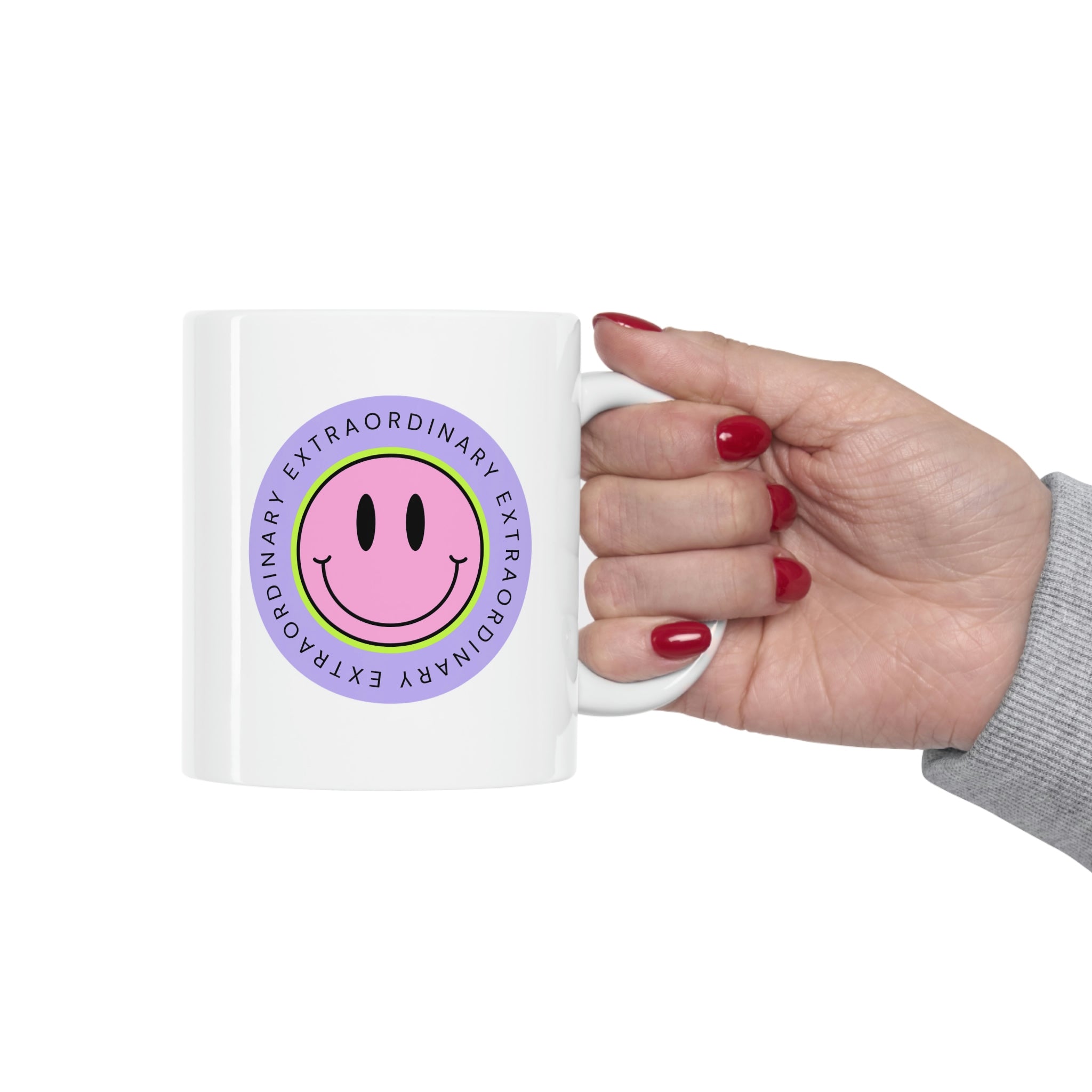 Extraordinary Happy Face Coffee Tea Mug in white ceramic with a cheerful design, perfect for coffee, tea, or hot chocolate.