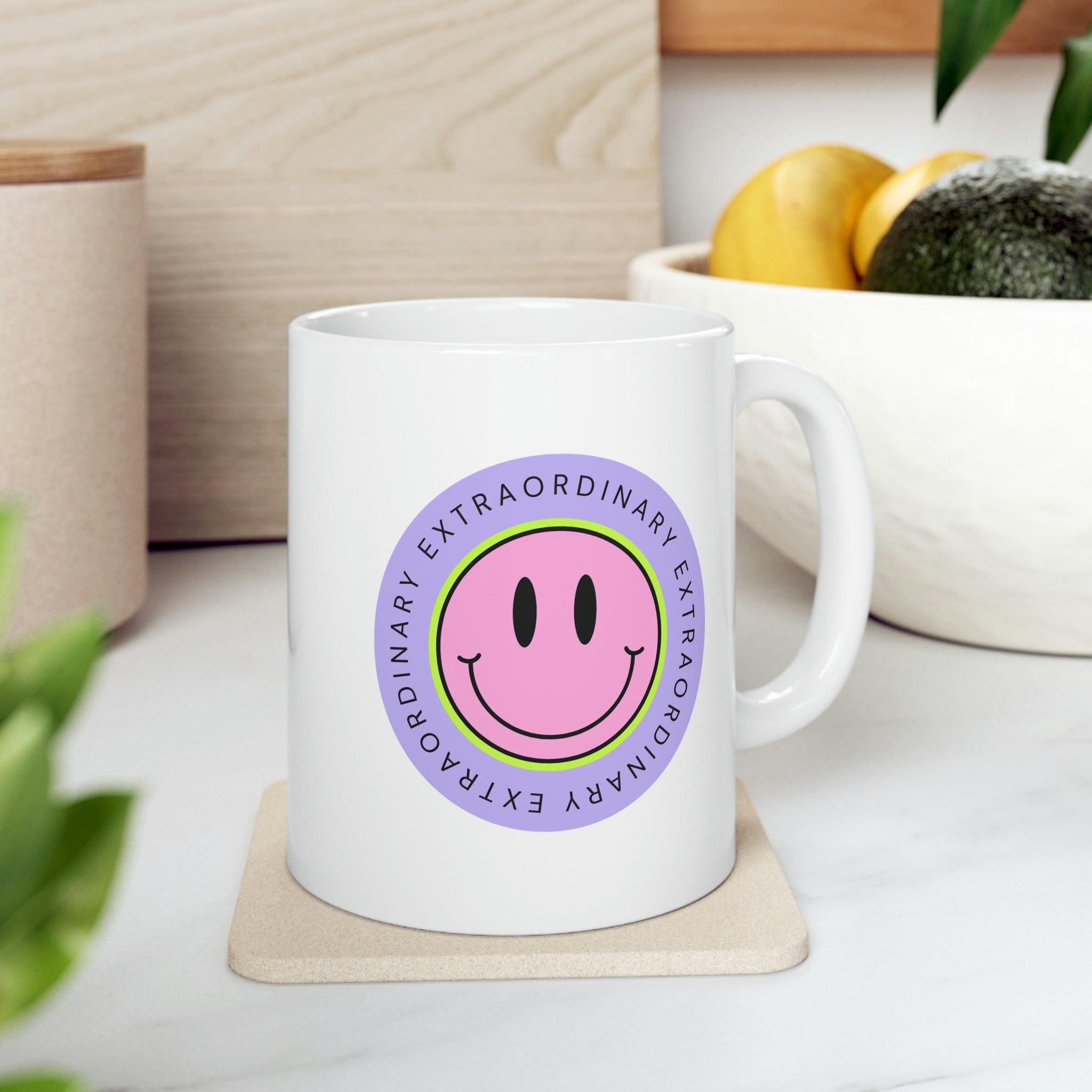 Extraordinary Happy Face Coffee Tea Mug in white ceramic with a cheerful design, perfect for coffee, tea, or hot chocolate.