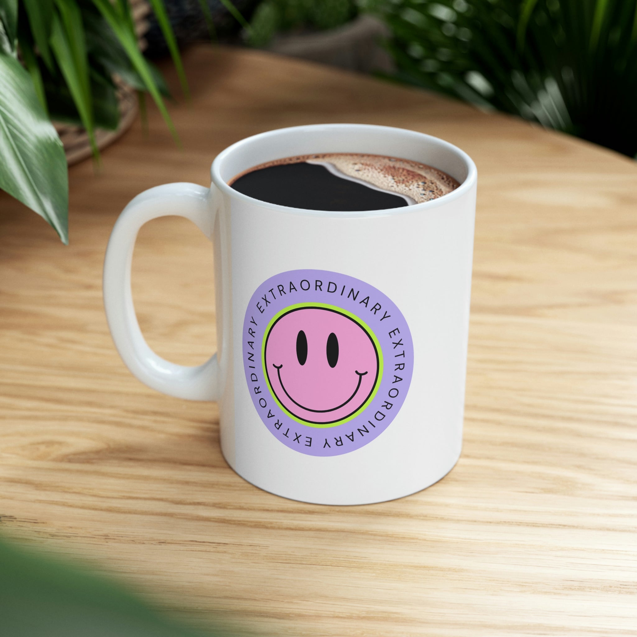 Extraordinary Happy Face Coffee Tea Mug in white ceramic with a cheerful design, perfect for coffee, tea, or hot chocolate.