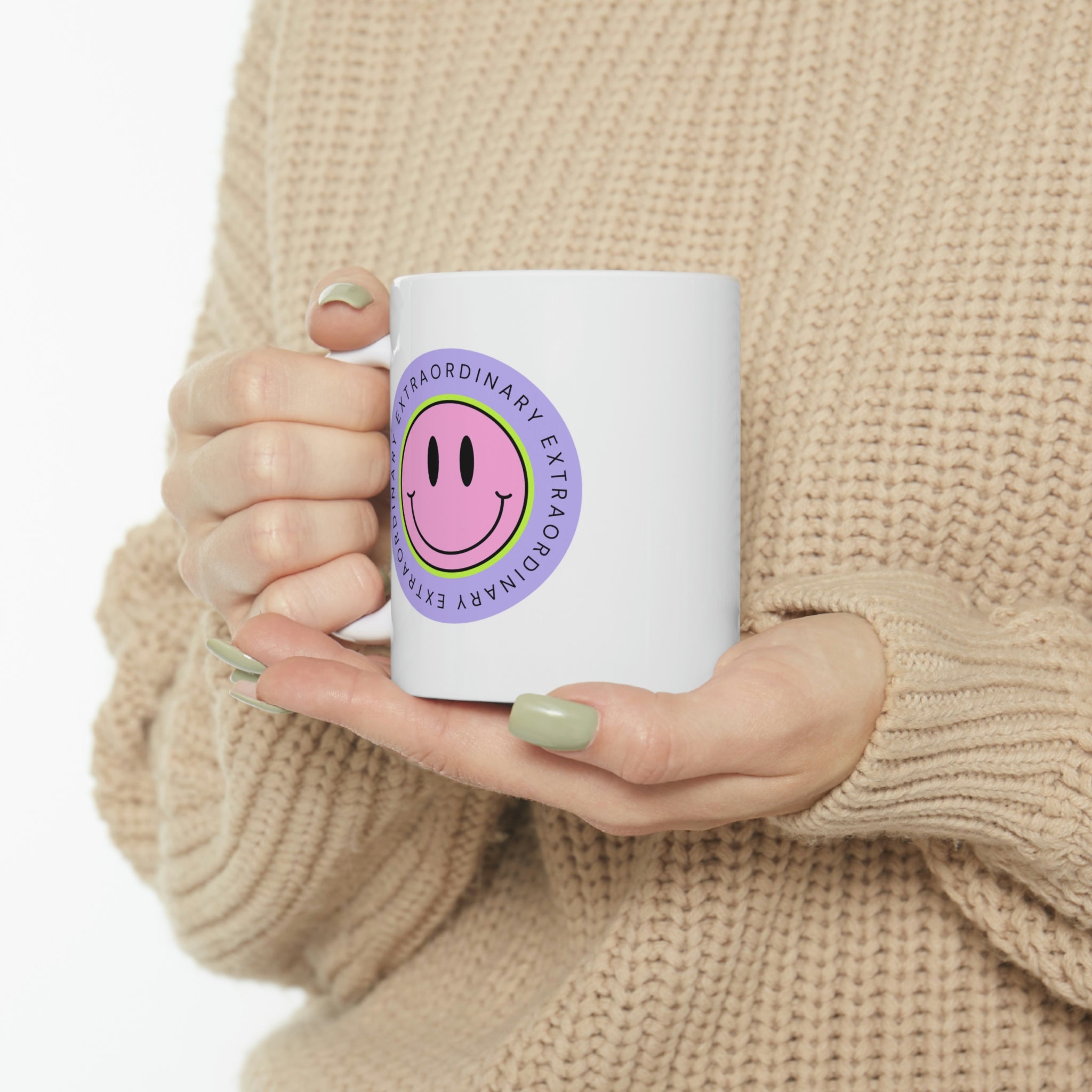 Extraordinary Happy Face Coffee Tea Mug in white ceramic with a cheerful design, perfect for coffee, tea, or hot chocolate.