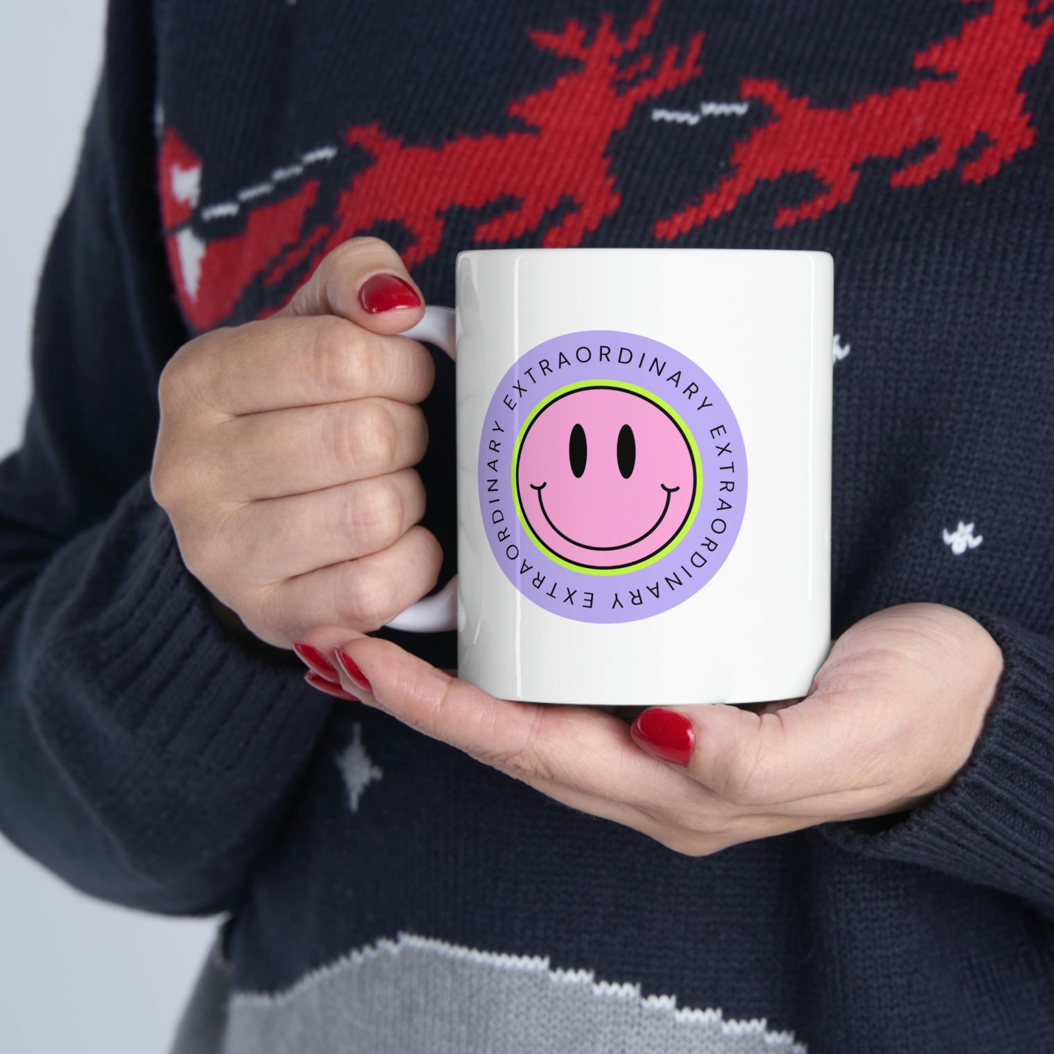 Extraordinary Happy Face Coffee Tea Mug in white ceramic with a cheerful design, perfect for coffee, tea, or hot chocolate.