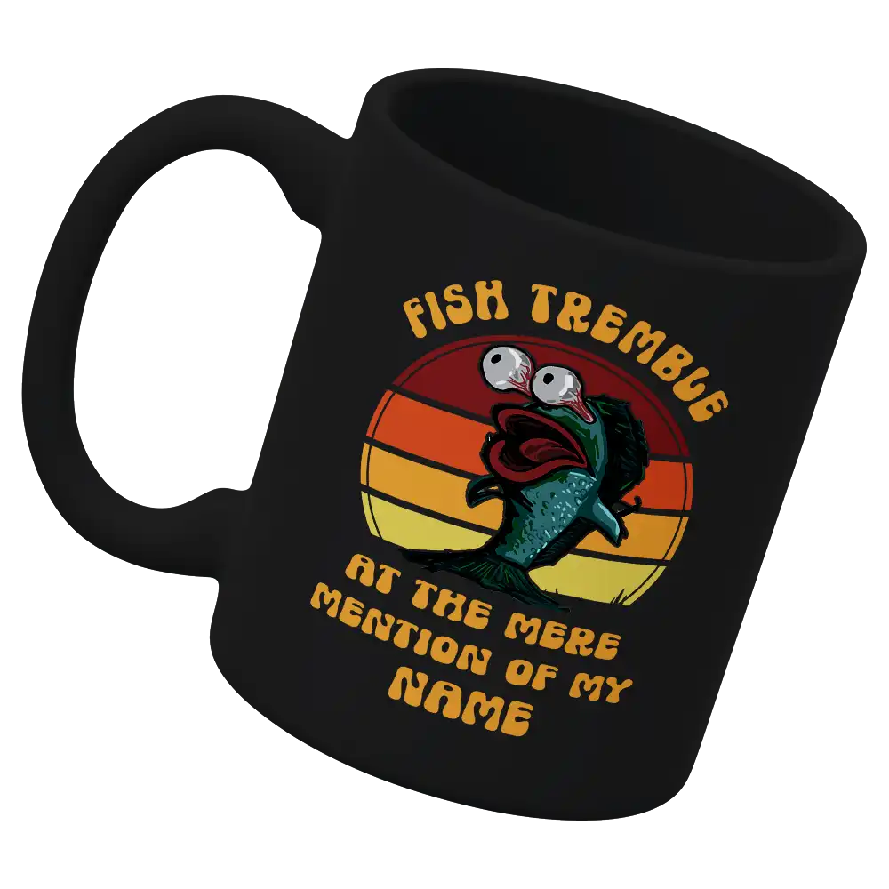 Fish Tremble 11oz Mug with vibrant UV printed design, showcasing its sturdy ceramic build and glazed finish.