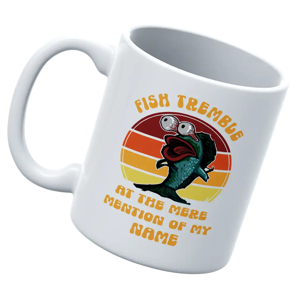 Fish Tremble 11oz Mug with vibrant UV printed design, showcasing its sturdy ceramic build and glazed finish.