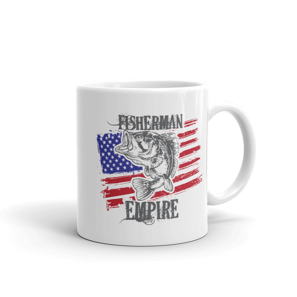 Fisherman American Empire 11oz Mug with UV printed design, showcasing a sturdy ceramic build and a comfortable handle.