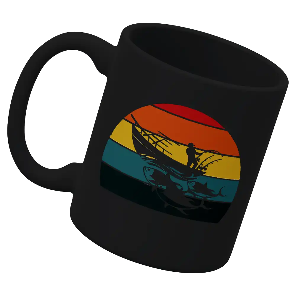 Fishing Boat 11oz Mug with vibrant UV printed design, showcasing a fishing theme, perfect for hot and cold beverages.