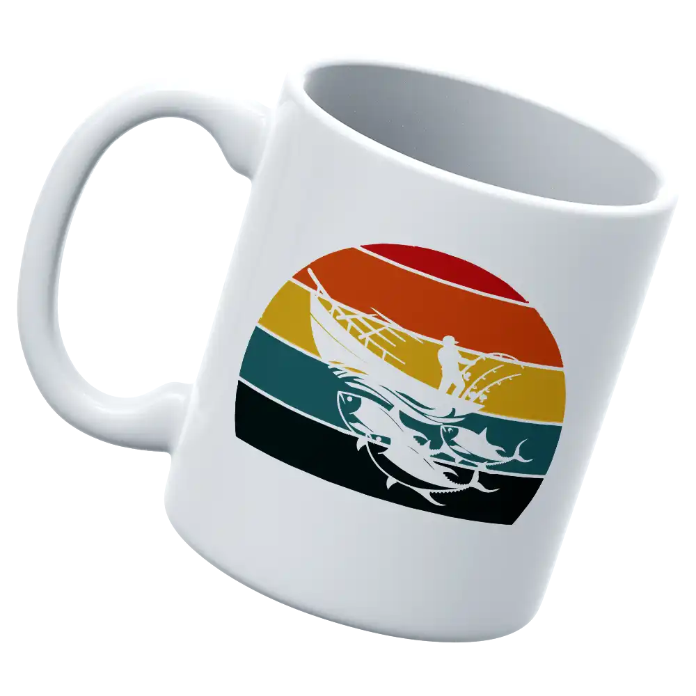 Fishing Boat 11oz Mug with vibrant UV printed design, showcasing a fishing theme, perfect for hot and cold beverages.