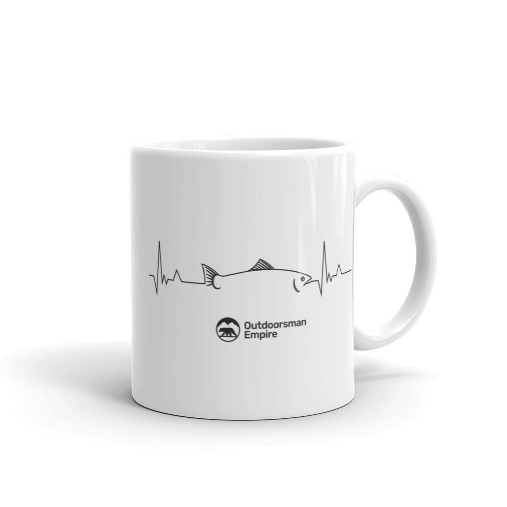 Fishing Cardiogram 11oz Mug with vibrant UV printed design, showcasing a fishing cardiogram pattern on a durable ceramic body.