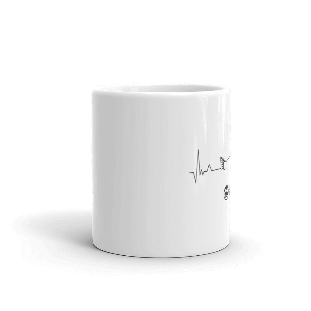 Fishing Cardiogram 11oz Mug with vibrant UV printed design, showcasing a fishing cardiogram pattern on a durable ceramic body.