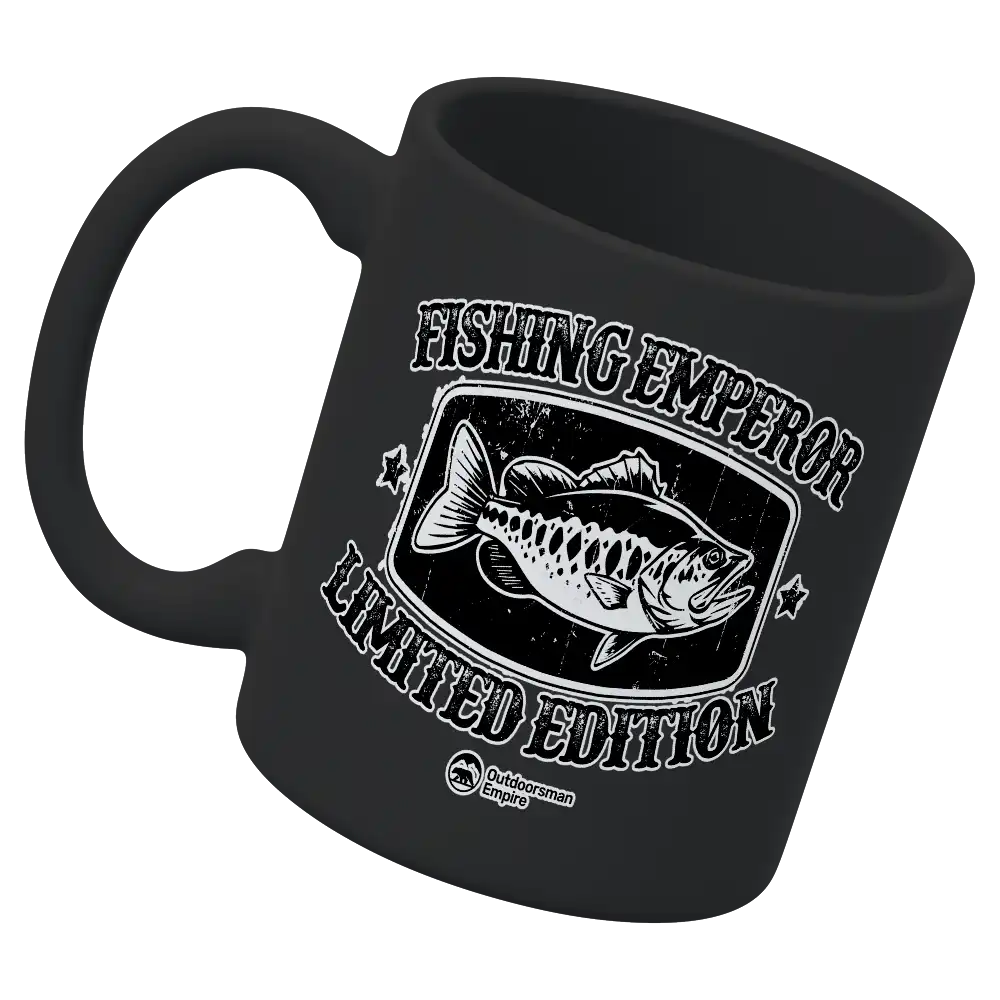 Fishing Emperor Limited Edition 11oz Mug featuring vibrant UV printed designs, sturdy ceramic construction, and a glazed finish.