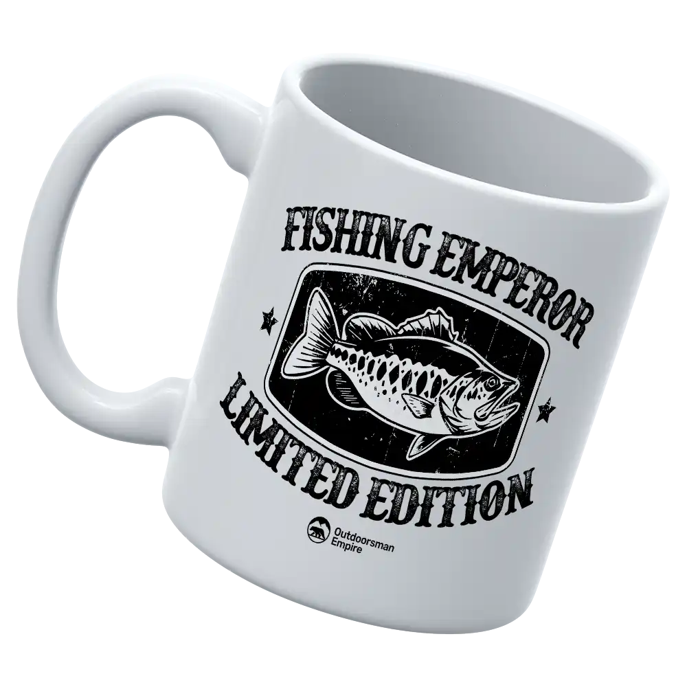 Fishing Emperor Limited Edition 11oz Mug featuring vibrant UV printed designs, sturdy ceramic construction, and a glazed finish.