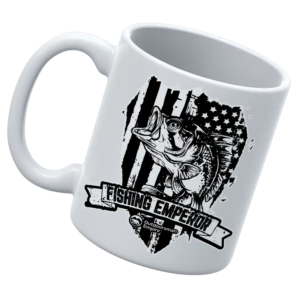 Fishing Emperor v3 11oz Mug featuring UV printed designs, sturdy ceramic construction, and a glazed finish for easy cleaning.